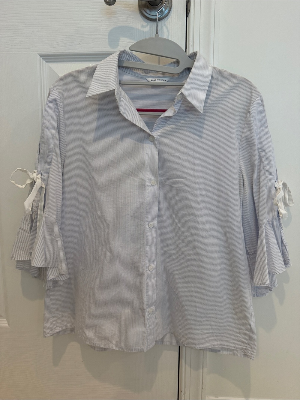 Club Monaco Pale Blue Pinstripe Tie-Sleeve Button Down Shirt